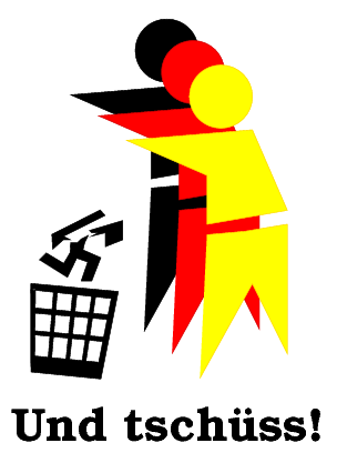 Stiilisierte Person, die ein Hakenkreuz in einen M&uuml;lleimer wirft.